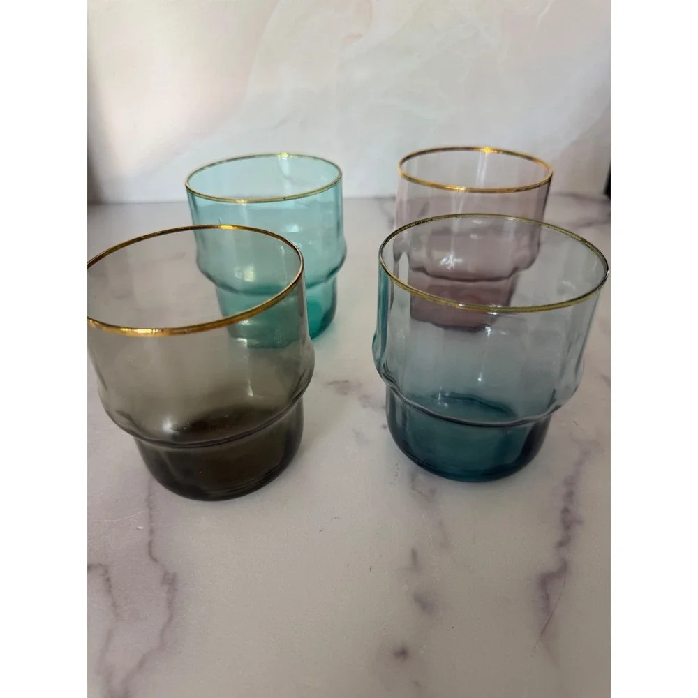 Set of 4 Stackable Colored Glass Tumblers with Gold Rim Mixed Jewel Tone Colors‎